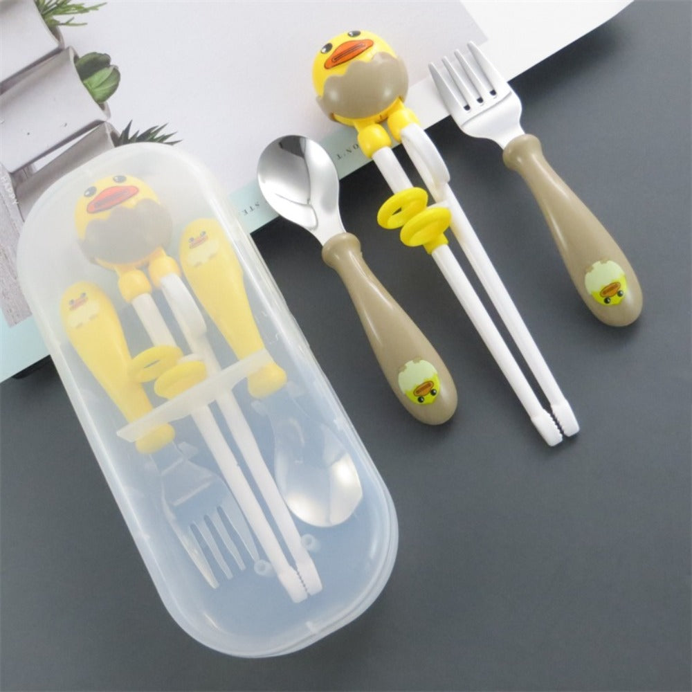A Set of Three Cute Cartoon Utensils Featuring a Little Yellow Duck, Including a Fork, Spoon, And Chopsticks for Practicing Eating