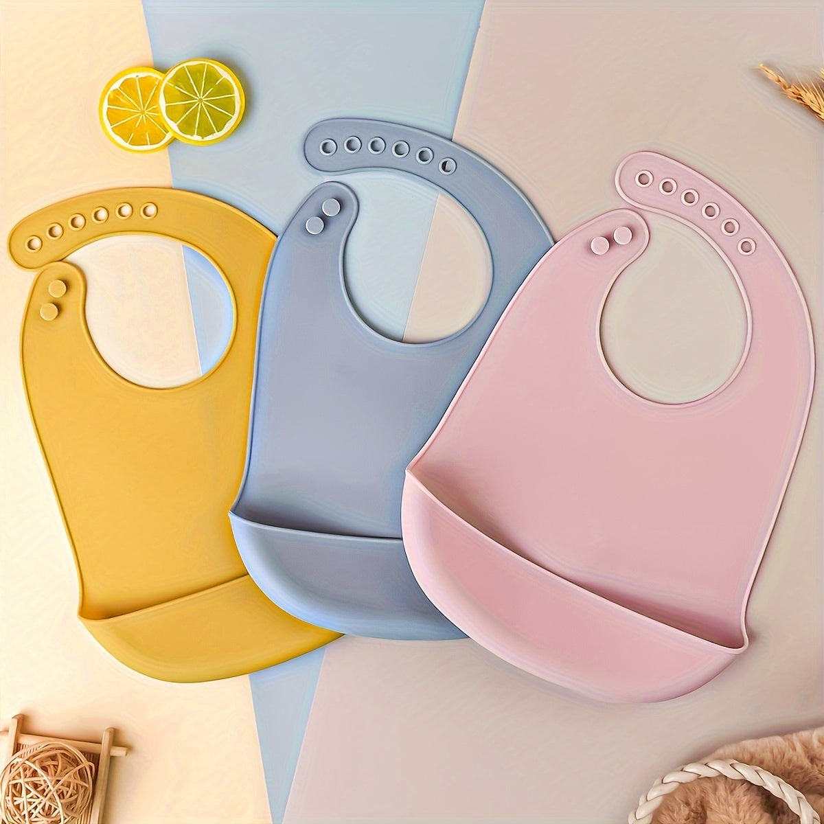 Set of 3 Cute Silicone Baby Bibs for Babies & Toddlers, Soft, Non-Messy, Adjustable Soft Silicone Feeding Bibs with Food Catcher Pocket, Colorful, Christmas, Thanksgiving, Preschool Gifts