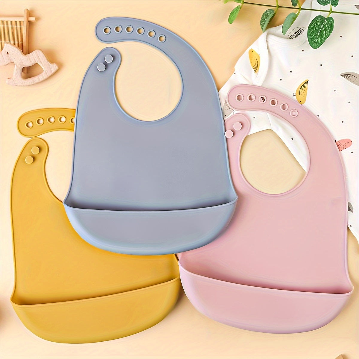 Set of 3 Cute Silicone Baby Bibs for Babies & Toddlers, Soft, Non-Messy, Adjustable Soft Silicone Feeding Bibs with Food Catcher Pocket, Colorful, Christmas, Thanksgiving, Preschool Gifts
