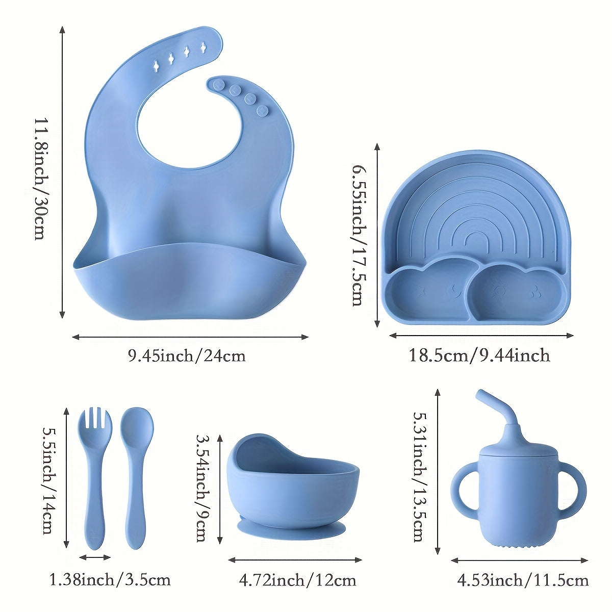 Silicone Baby Feeding Set 6pcs, Baby LED Weaning Supplies, Baby Spoons Suction Bowl Divided Plate Bib Cup, First Stage Solid Food Eating Utensils